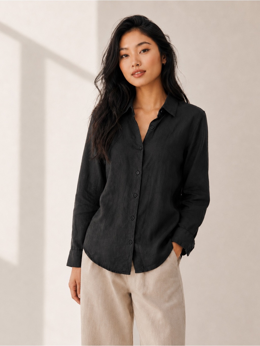 ZARA 100% Linen Black Women's Button-Up Shirt